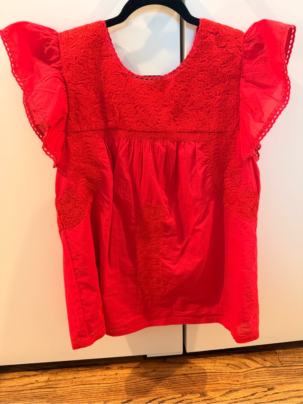 j.marie Red Embroidered Flutter Sleeve Top